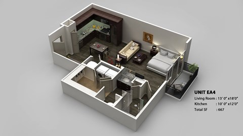 Floor plan for studio, 1 bath